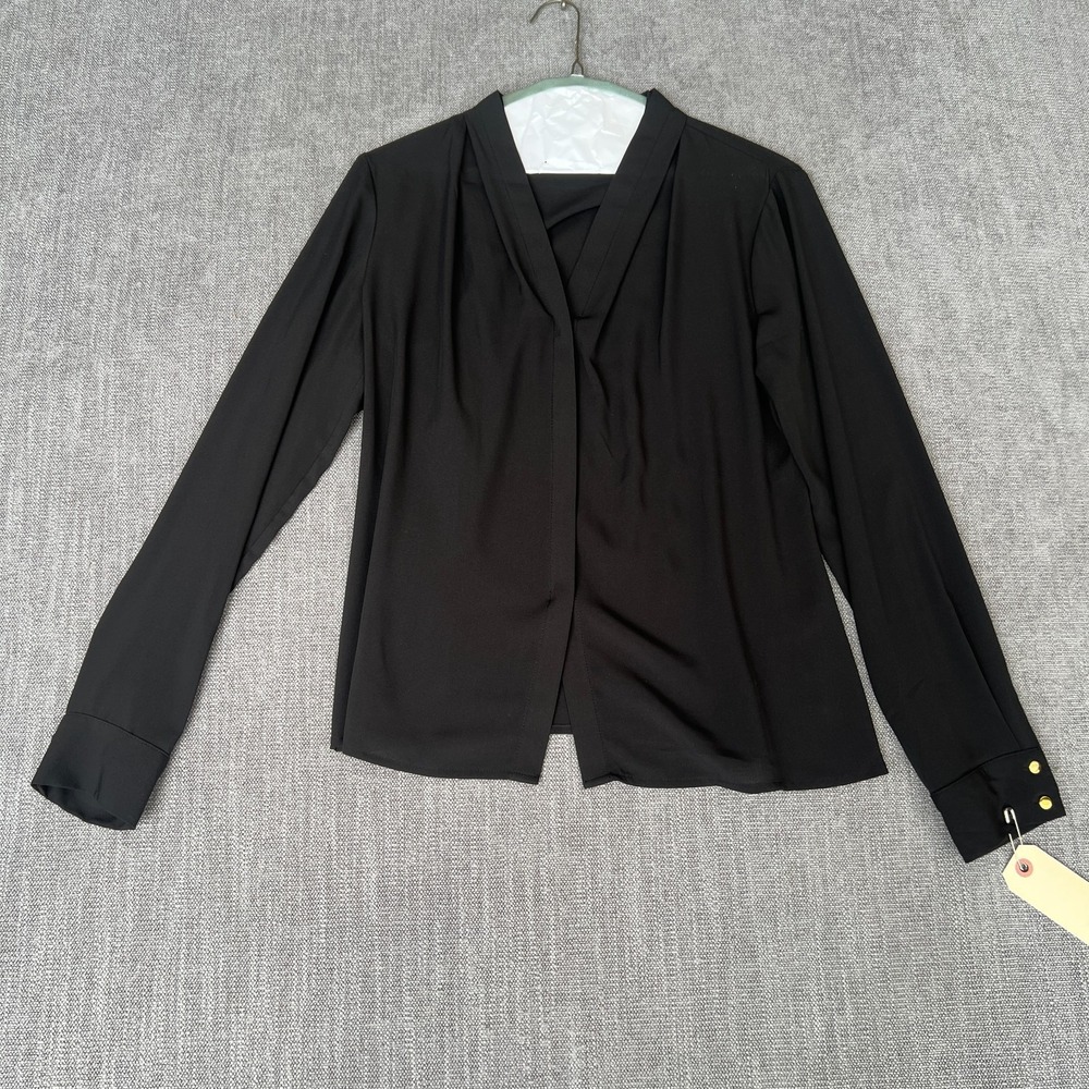 Calvin Klein Shirt Top Women S Black Long Sleeve V-Neck Gold Button Cuffs Career